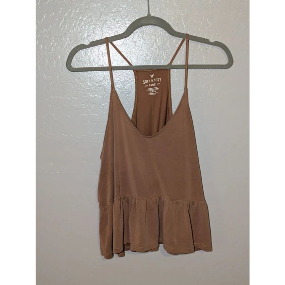 American Eagle Soft & Sexy Tank Top S Brown Racerback Ruffle Hem Flowy